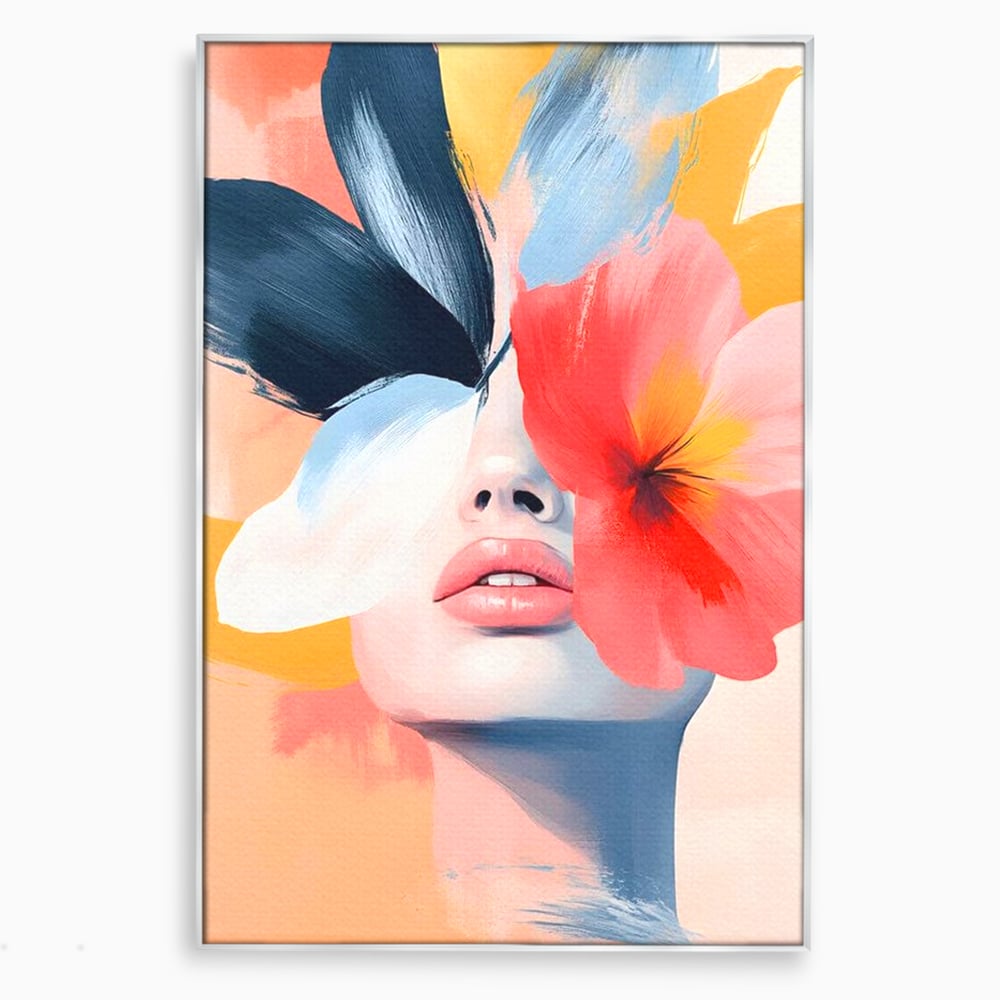 Tablou canvas cu tablou canvas cu fata de femeie si flori pictate, in rama de aluminiu argintiu